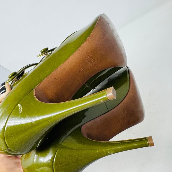 J.Crew Mona Double‑Strap Mary Jane Heels Green Leather Officewear Size 10 - Picture 8 of 10